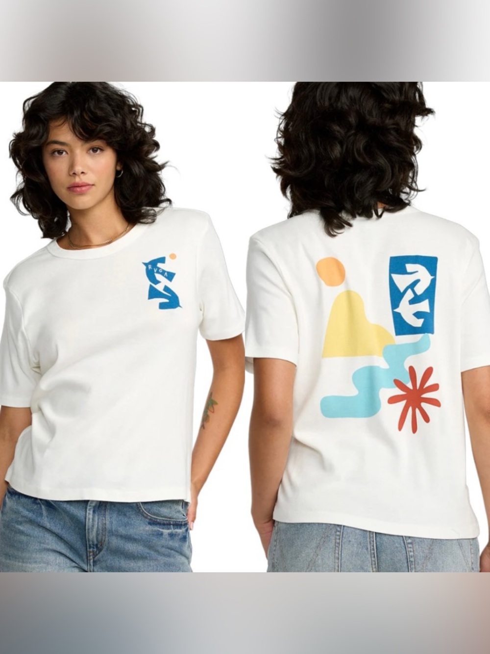 NWT RVCA Ladies Graphic White Tee with Colorful Abstract Motif Size M